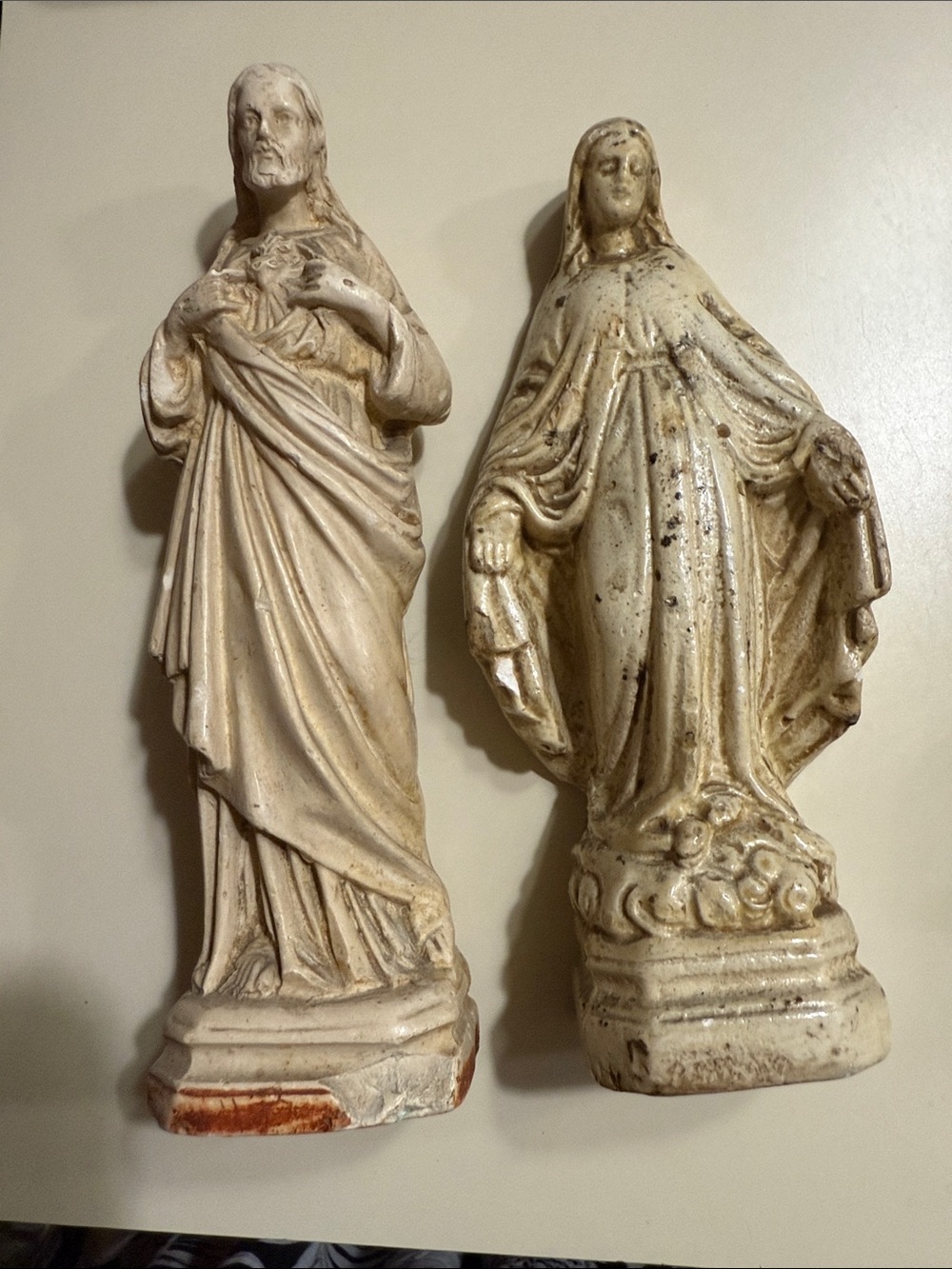 Vintage Religious Figurine Pair - Cream Statue Set Made of Chalk